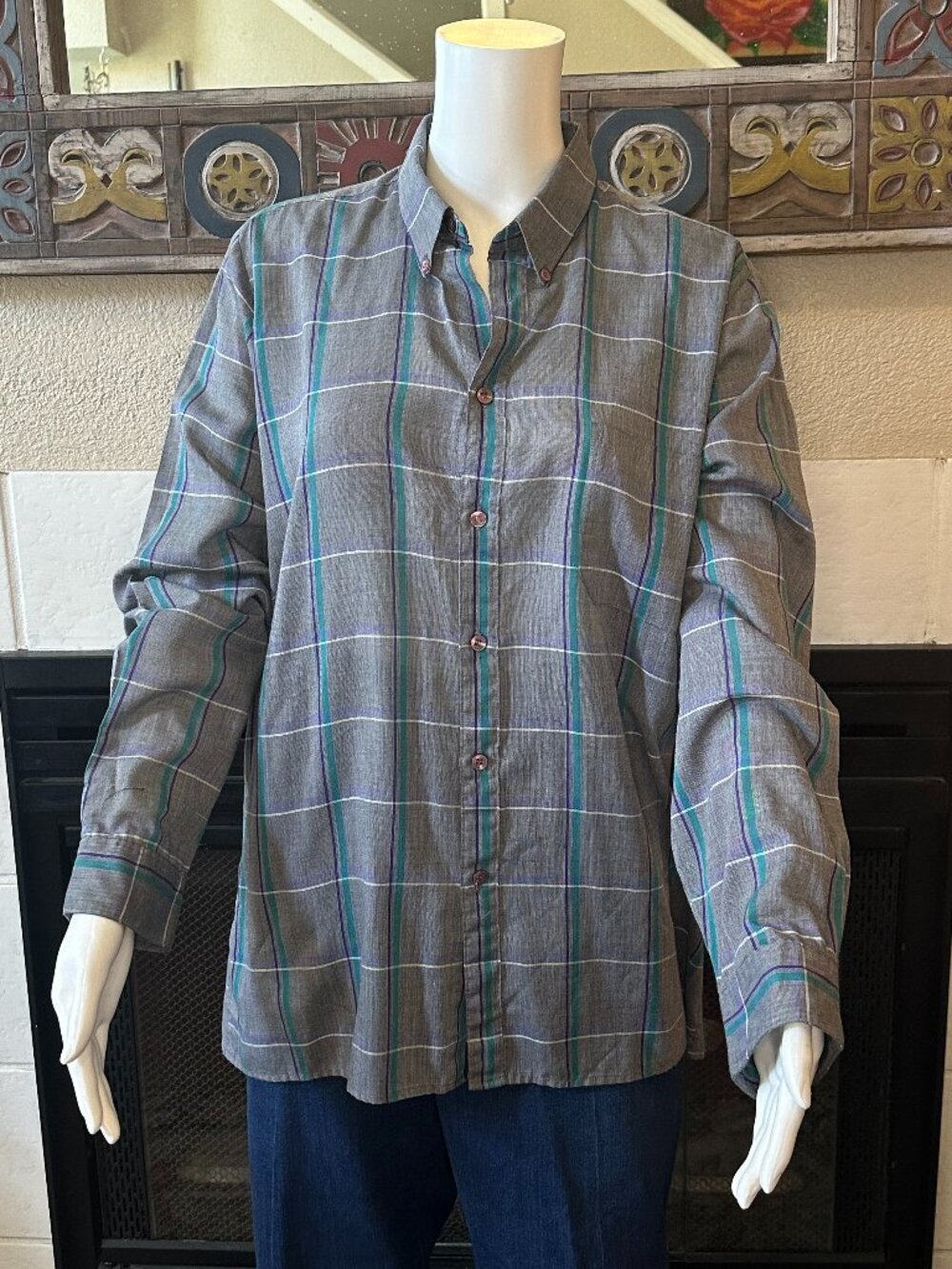 Sasson Shirt Large 16 1/2 Gray Striped Casual Button Up Long Sleeve vtg
